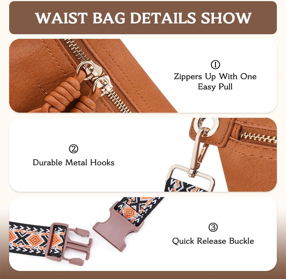 HKCLUF Fanny Pack Crossbody Bags for Women Pu Leather Belt Bag Waist Pack Causal Chest Bum Bag With 2 Straps