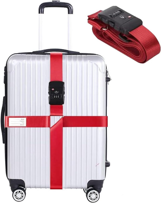 Luggage Straps for Suitcases TSA Approved Heavy Duty Adjustable Travel Belt Cross Suitcase Belts Luggage Tags with Name ID Card Travel Accessories Fit for 20-32 Inch Suitcase (Red)