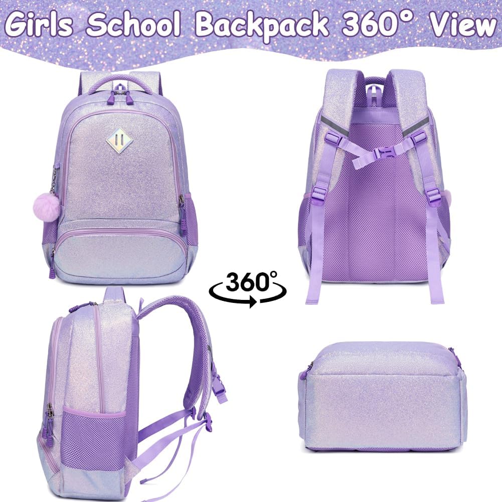 School Backpack for Girls Shiny Glitter Sparkly Bookbag for Kids Elementary Middle School Bags for Girl Blingbling Purple
