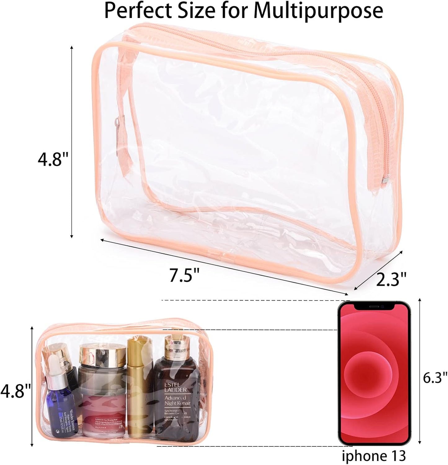 Tbestmax 20 Pack Clear Cosmetic Bags Makeup Bags Portable Waterproof Travel Toiletry Bags Organizer Peach Pink, 7.5"x 4.8"x 2.3"