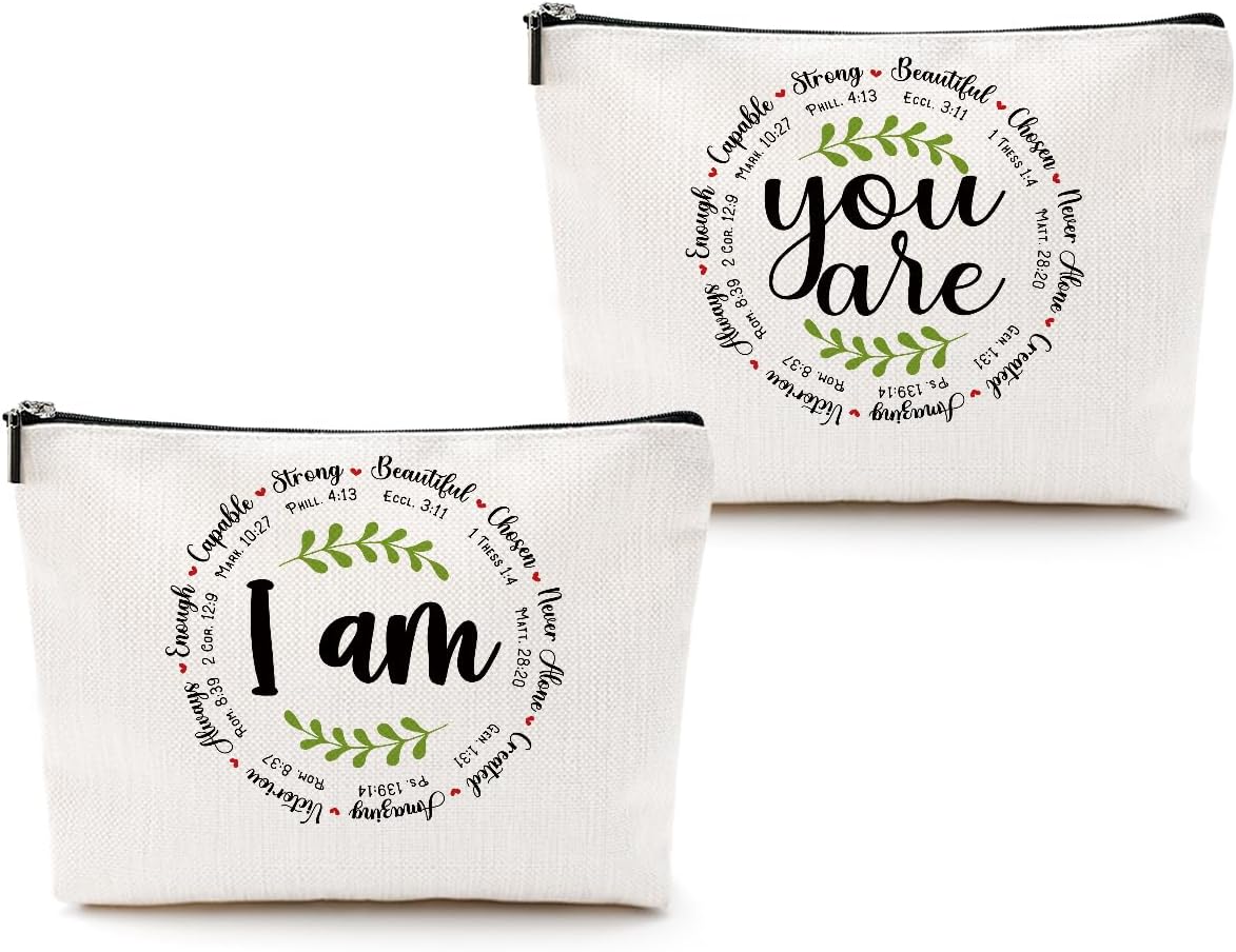 2pcs Inspirational Bible Verse Makeup Bag, Christian Quotes Motivational Cosmetic Bag Religious Sayings Christmas Birthday Bible Gifts for Women Friend Girls