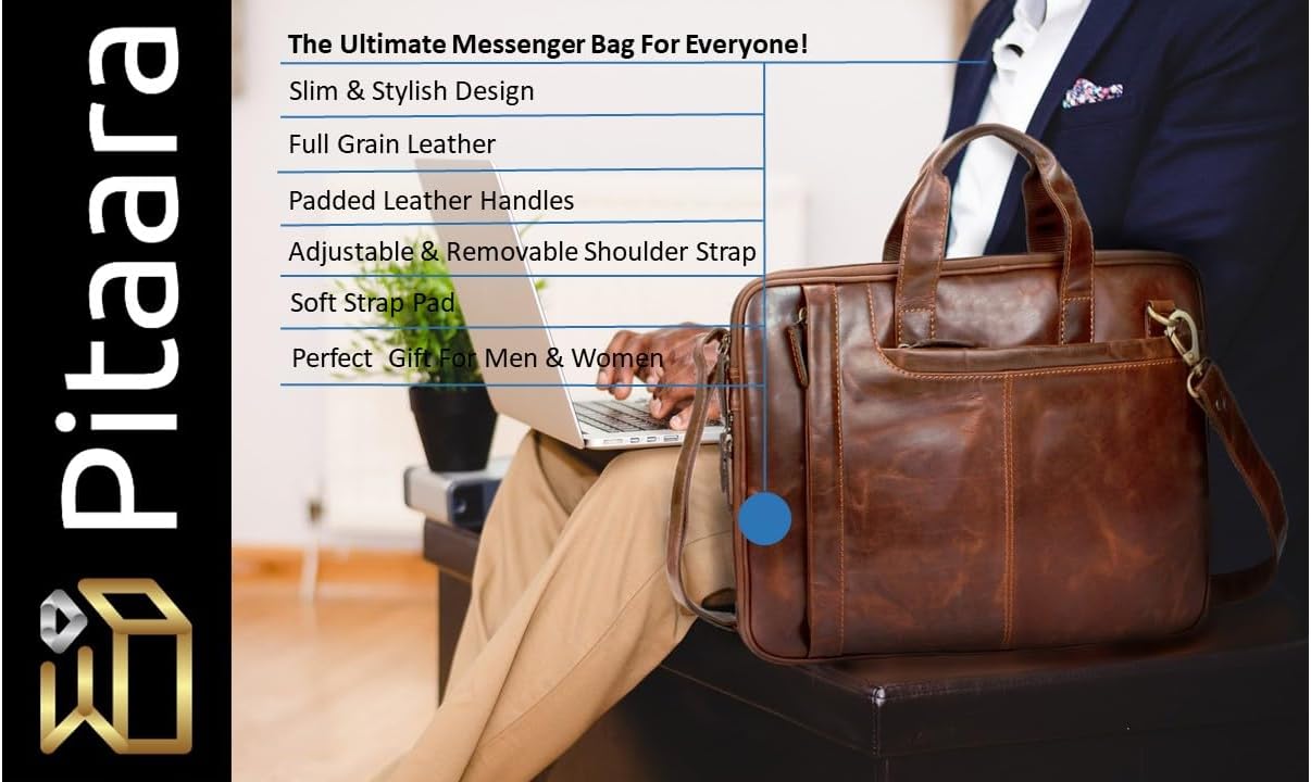 Pitaara Genuine Leather Messenger Laptop Bag For Men And Women, Fits Laptop Size 16"