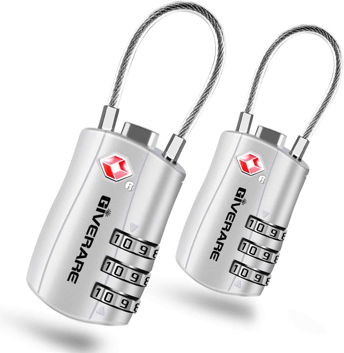 GIVERARE 2 Pack TSA Approved Luggage Locks, Combination Travel Cable Lock, Re-settable 3-Digit Padlocks with Alloy Body, Keyless TSA Padlock for Gym Locker, Golf Bag Case-Silver