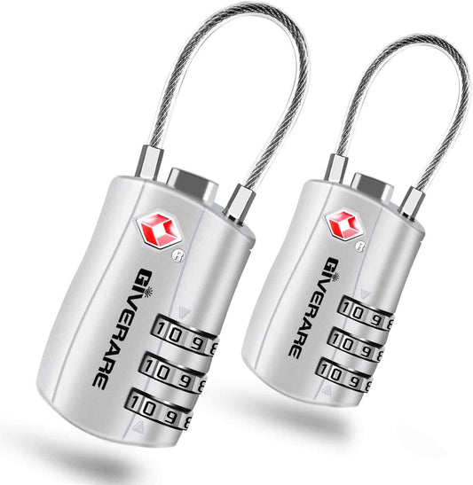 GIVERARE 2 Pack TSA Approved Luggage Locks, Combination Travel Cable Lock, Re-settable 3-Digit Padlocks with Alloy Body, Keyless TSA Padlock for Gym Locker, Golf Bag Case-Silver