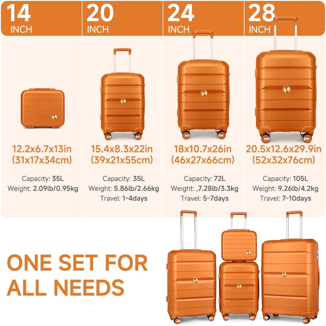 Somago Luggage Sets and Packing Cube Travel Set Lightweight Hardside Polypropylene Suitcases with Double Spinner Wheels and TSA Lock,Sunset Orange