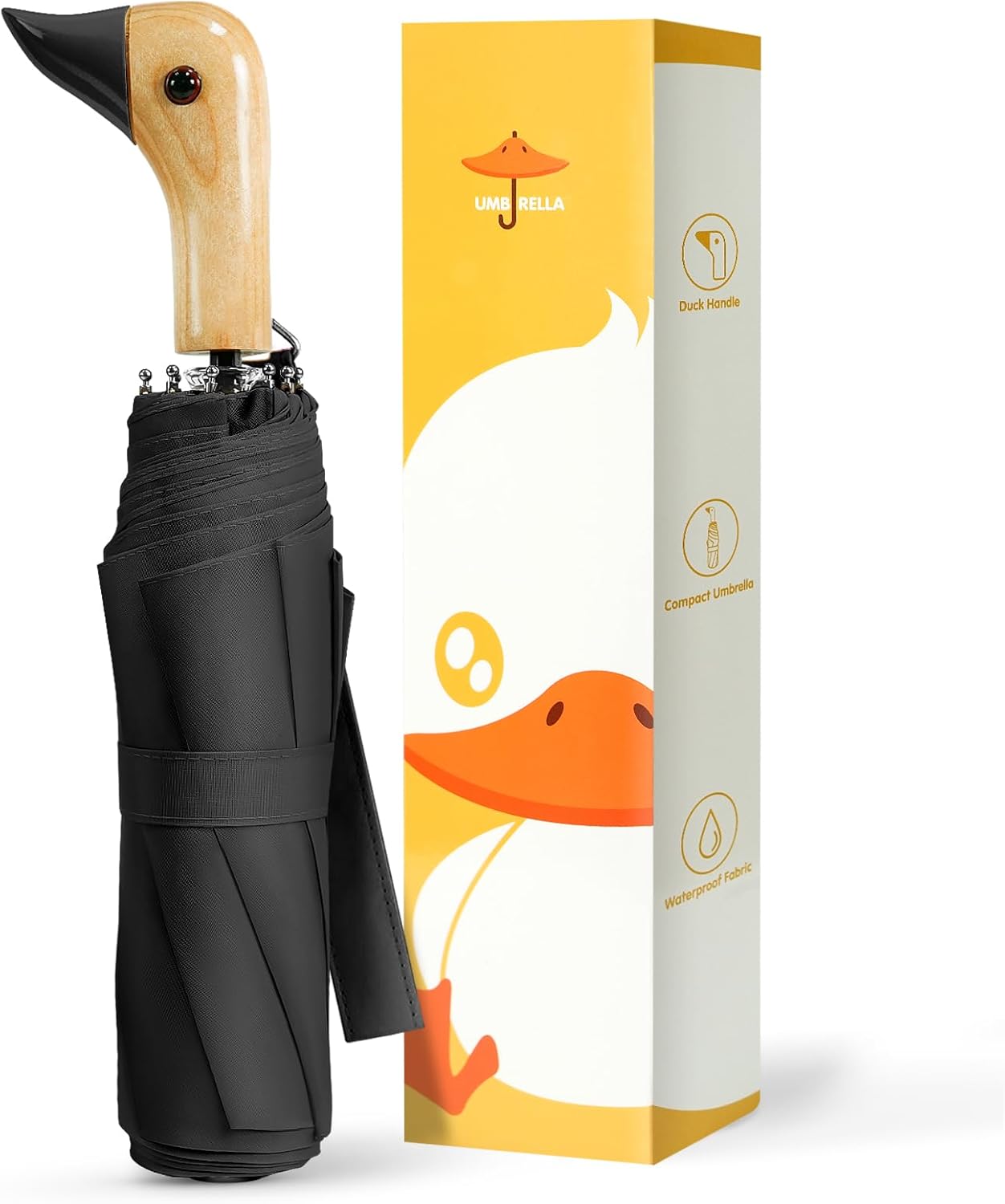 LEAGERA Compact Small Umbrellas for Rain&Sun, Cute Design Duck Head Umbrella for Girls Gifts, 8 Ribs Folding Umbrella with Wooden Handle