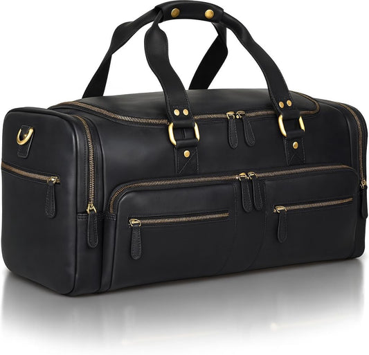 Luxorro Full Grain Leather Duffle Bag for Men | TSA Approved 22x14x9 Carry On Luggage | 22 Inch, 45L Capacity | Overnight Weekender & Travel Duffel | Black