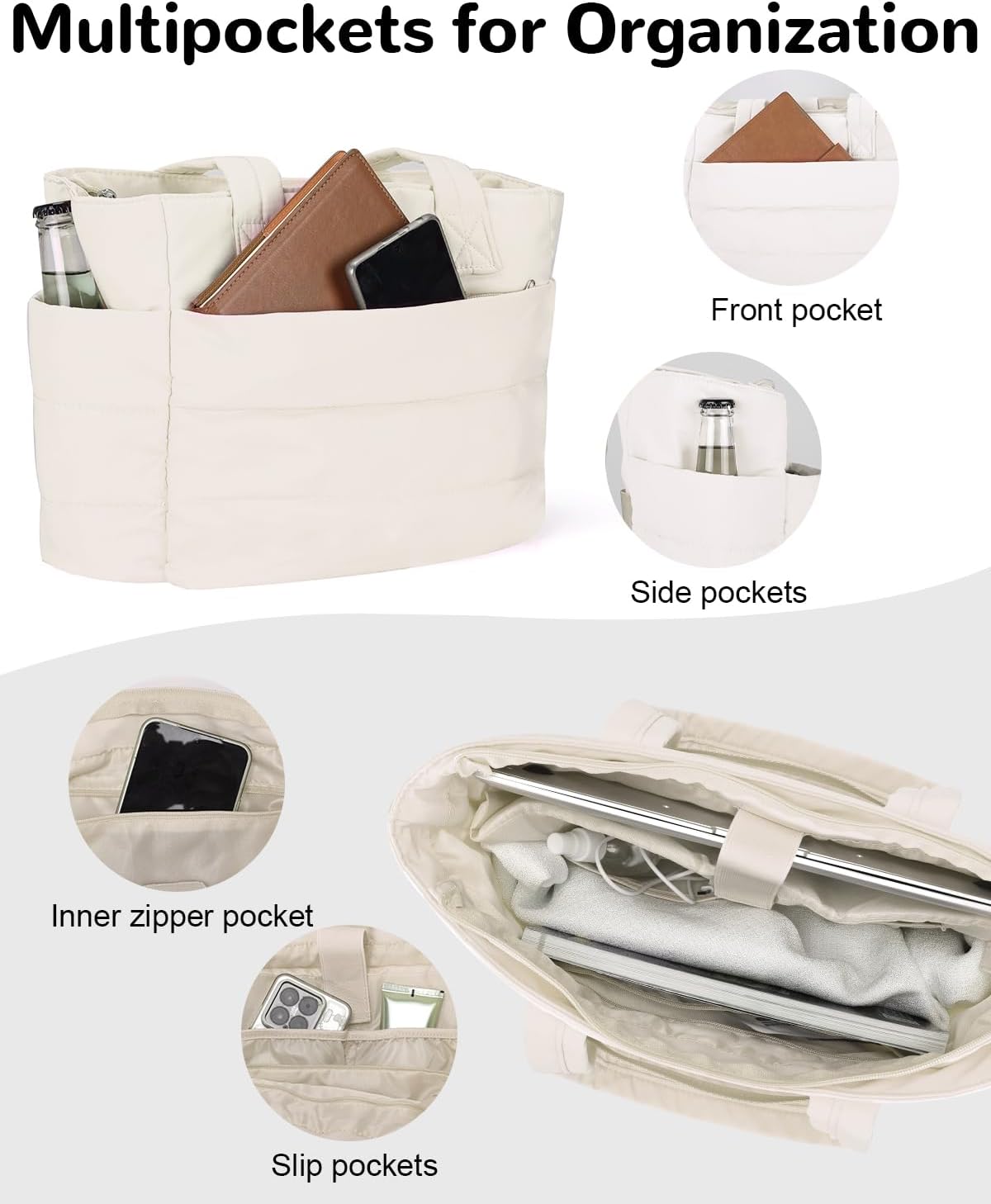 Puffer Tote Bag with Zipper for Women, Lightweight Quilted Handbag with Laptop Compartment for Work Nurse