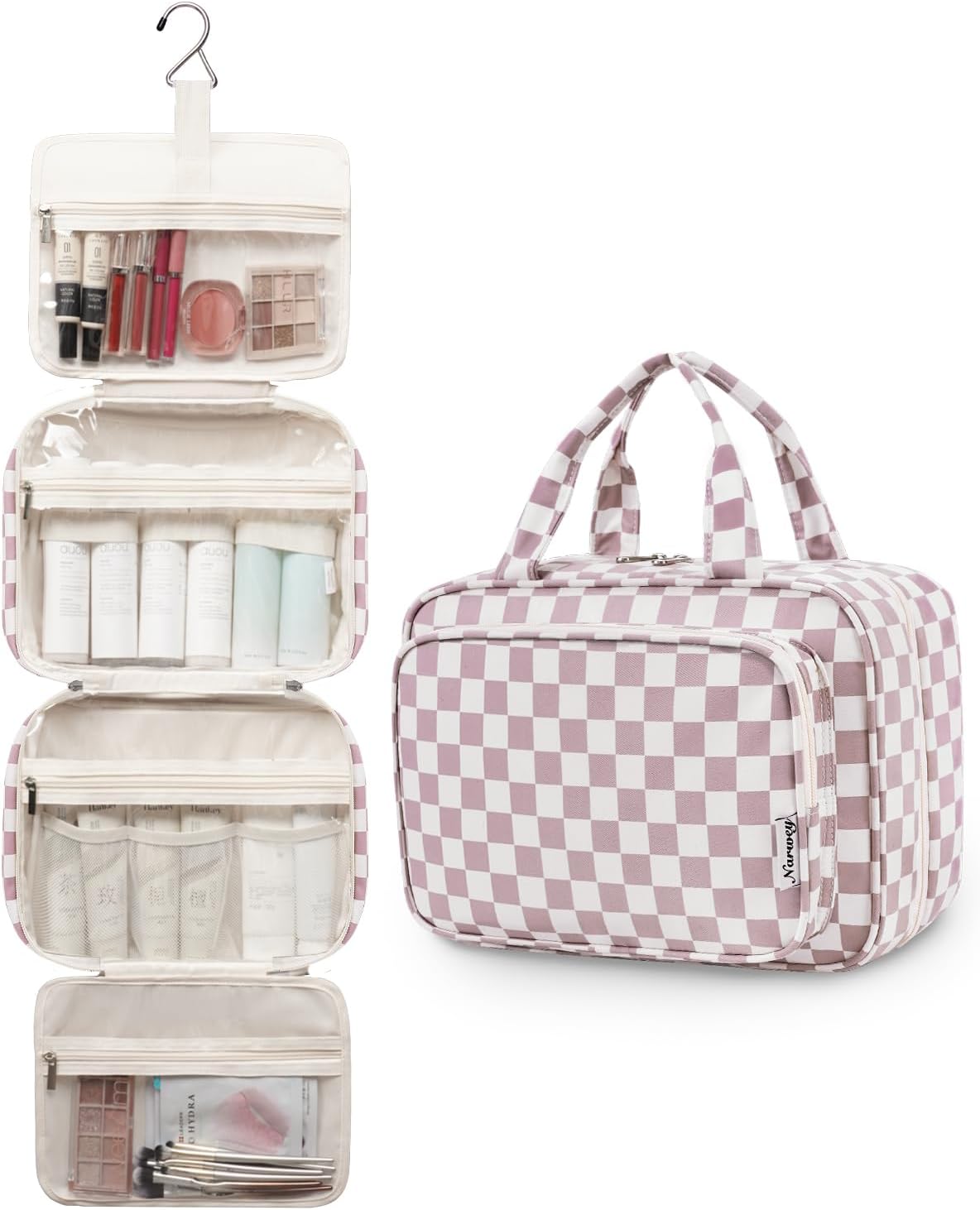 Narwey Travel Toiletry Bag for Women Large Hanging Makeup Bag Organizer Toiletries Bag for Full Size Essentials Accessories Cosmetics (Dusty Pink Checkerboard (Large))