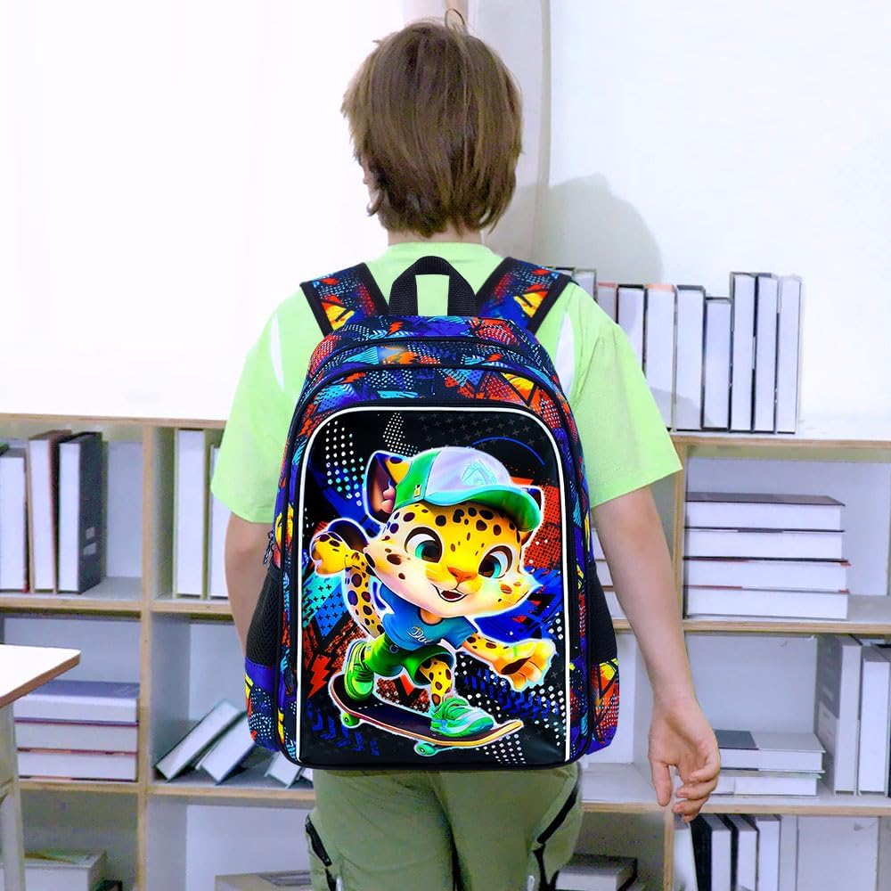 CCJPX 3PCS Kids Backpack for Boys, 16 Inch Panther Water Resistant Preschool Bookbags, Cool Leopard Kindergarten School Backpacks and Lunch Box