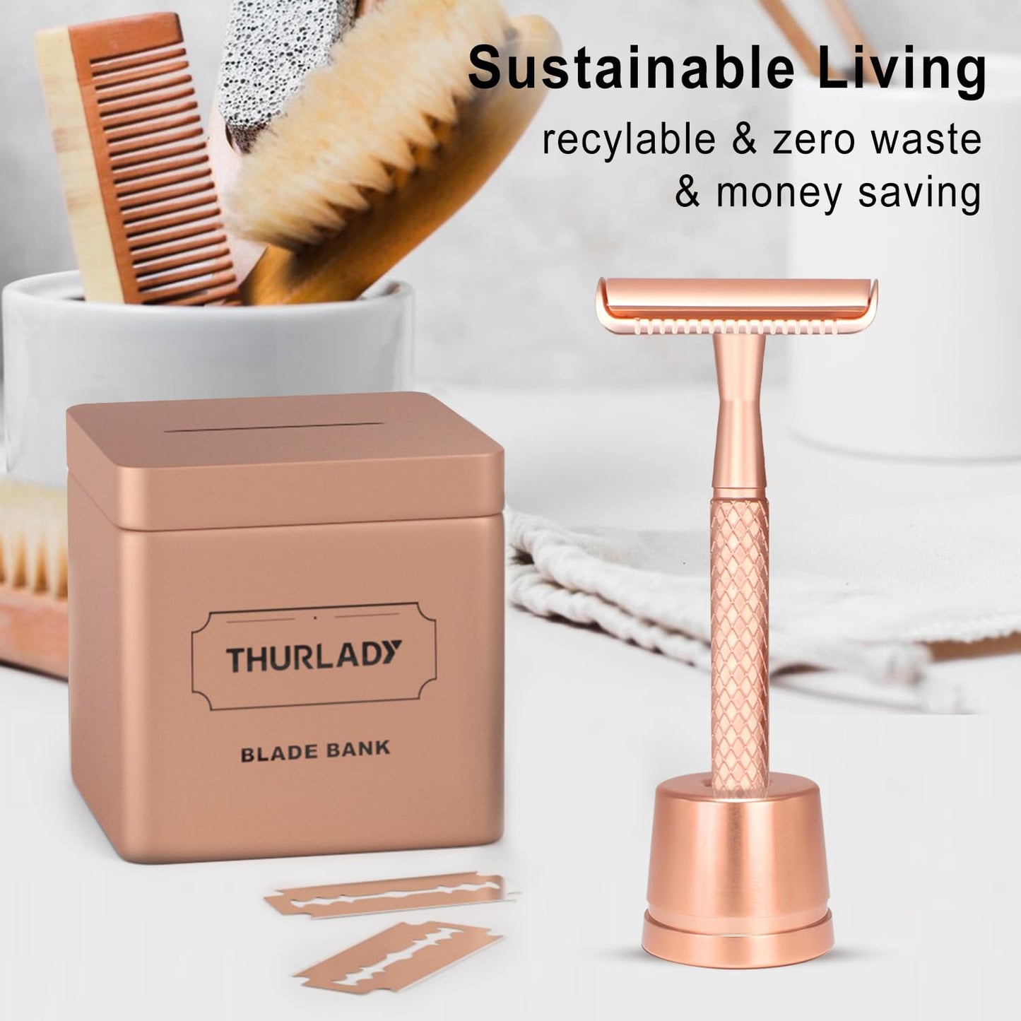 Rose Gold Safety Razor with Stand - Single Blade Razors for Women - Reusable Metal Razor, with 10 Double Edge Blades, Smooth & Close Shave