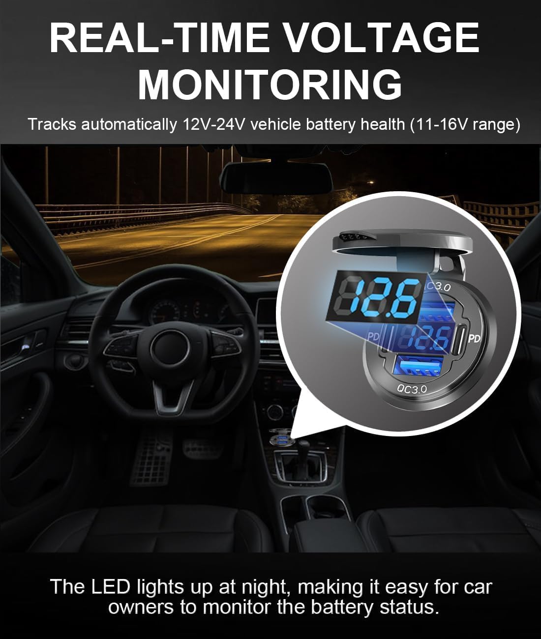 2Pack 78W Quad-Port 12V USB Outlet - Dual QC3.0 & PD3.0 Quick Charge Car Charger Socket with Voltmeter, Aluminum Alloy Waterproof USB C Port for Car Boat Marine Motorcycle RV Truck ATV Golf Cart