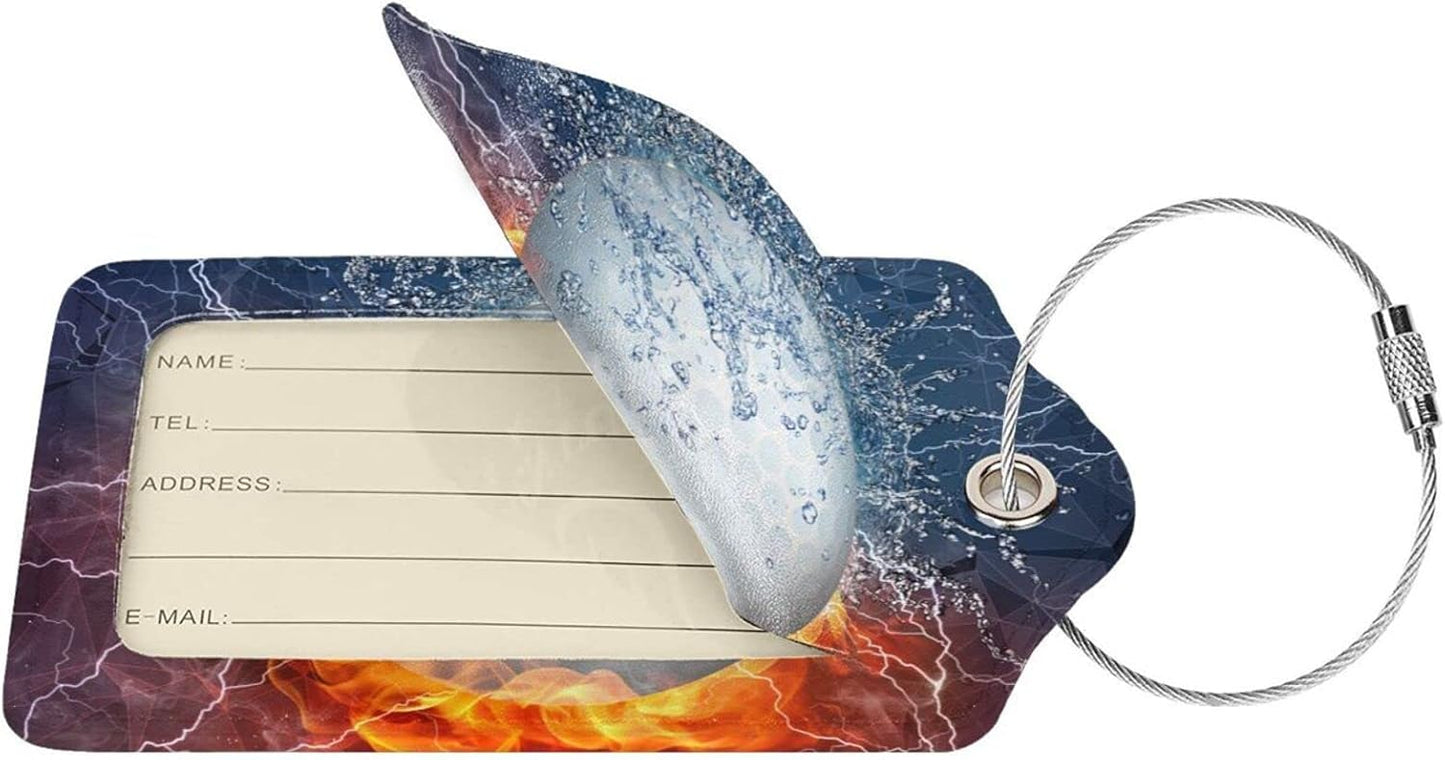2 Packs Golf Luggage Tags for Men Boys, Sport Luggage Tags for Suitcases, Cool Leather Bag Tag with Water & Fire Background Print for Sport Adults Kids Teens