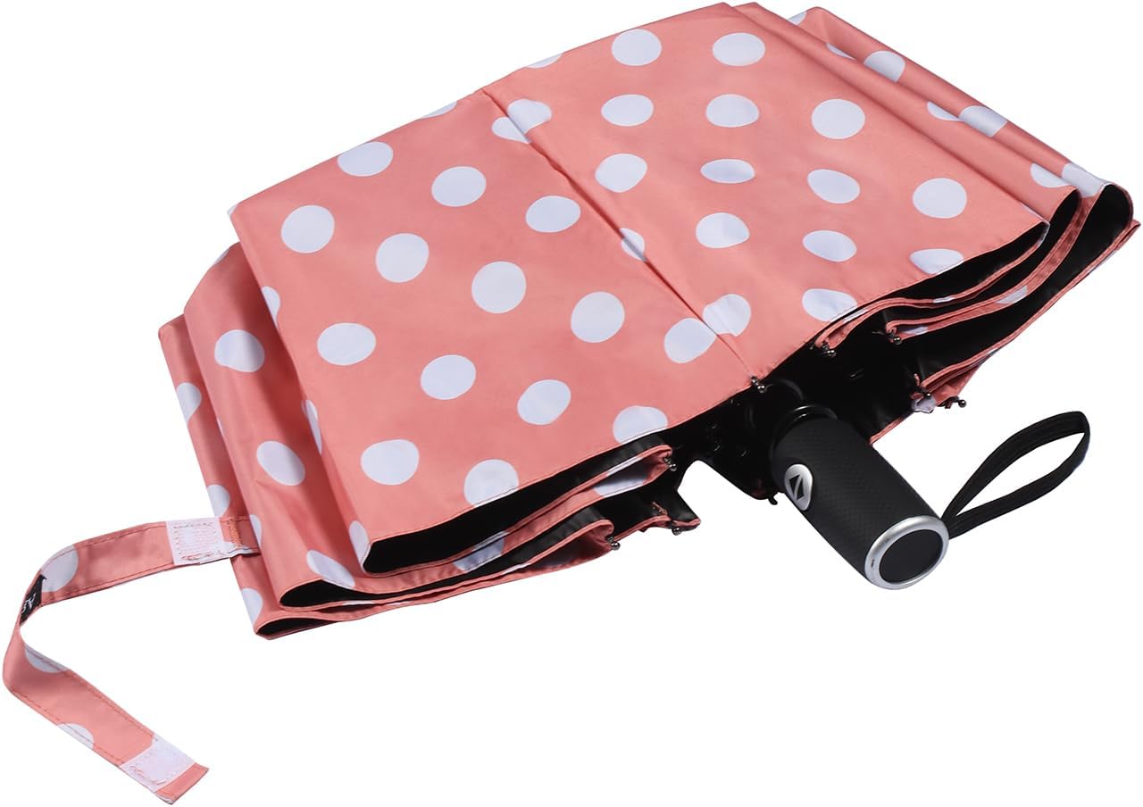 Agaric Cute Polka Dots Large Travel Umbrella for Rain & Sun, 46” UV Protection Auto Open Close Waterproof Folding Umbrella Windproof Compact Umbrella