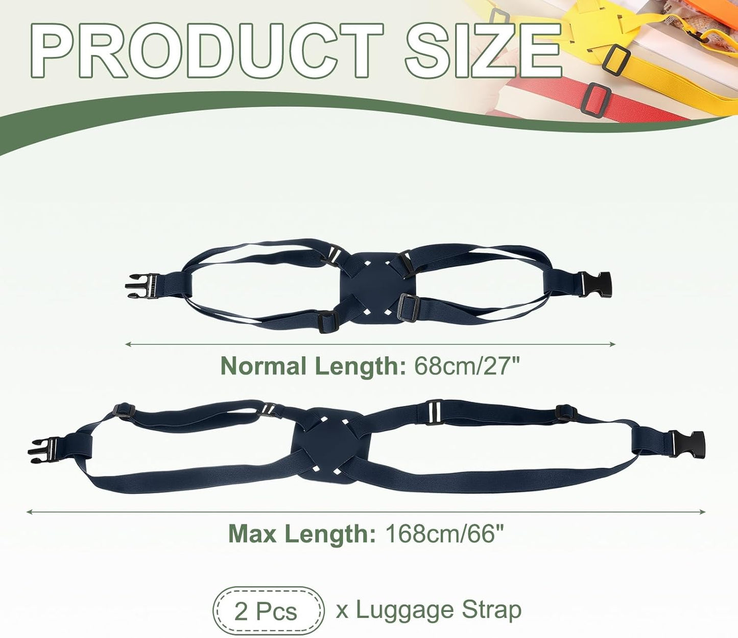 Adjustable Luggage Straps, Suitcase Elastic Strap Bag Bungee with Buckles Travel Accessories - Fitting for(Travel/Add A Bag/Securing Luggage), 27-66 Inch & 2Pcs & Dark Blue