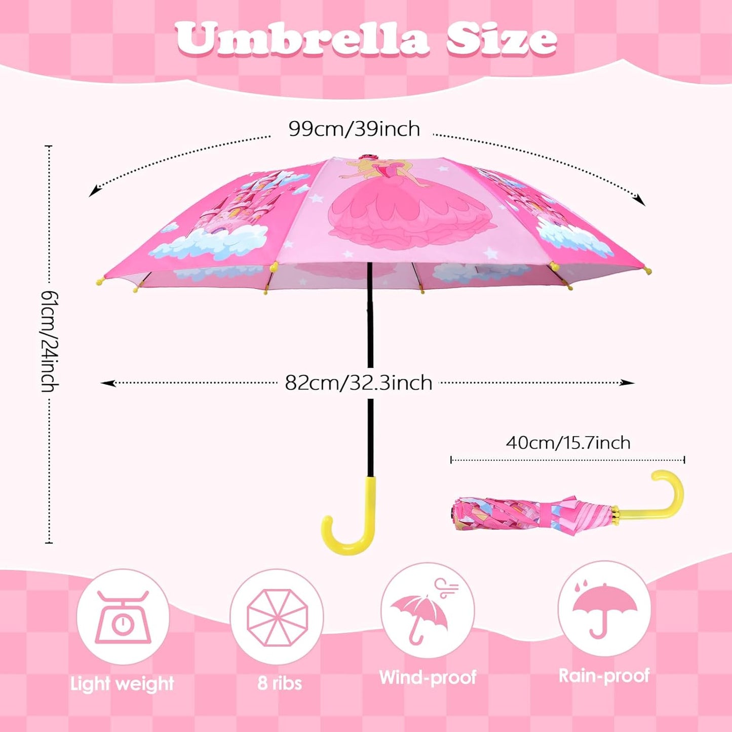 Kids Umbrella, Safety Windproof Umbrella with Easy-Grip Hook Handle for Toddler Girls and Boys