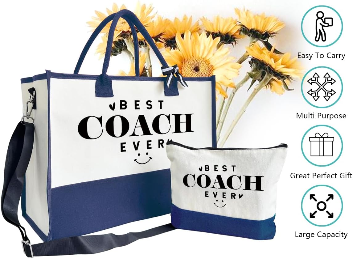 SUSZDOU Gifts for Best Coach Ever - Canvas Beach Tote Bag with Matching Makeup Pouch, Durable Travel Gym Camping Bag, Thank You Gift for Sports Coach, Female Trainers Gifts for Women C1