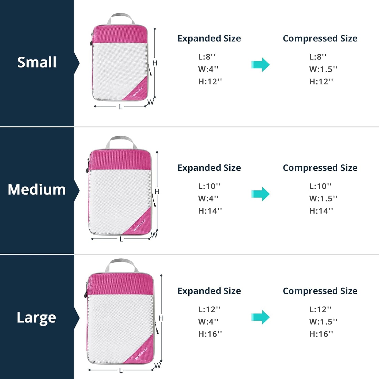 Compression Packing Cubes 6 Set, Compressible Space-Saving Packing Cubes for Travel - Compression Bags, Luggage Organizer, Travel Essentials for Women, Hot Pink