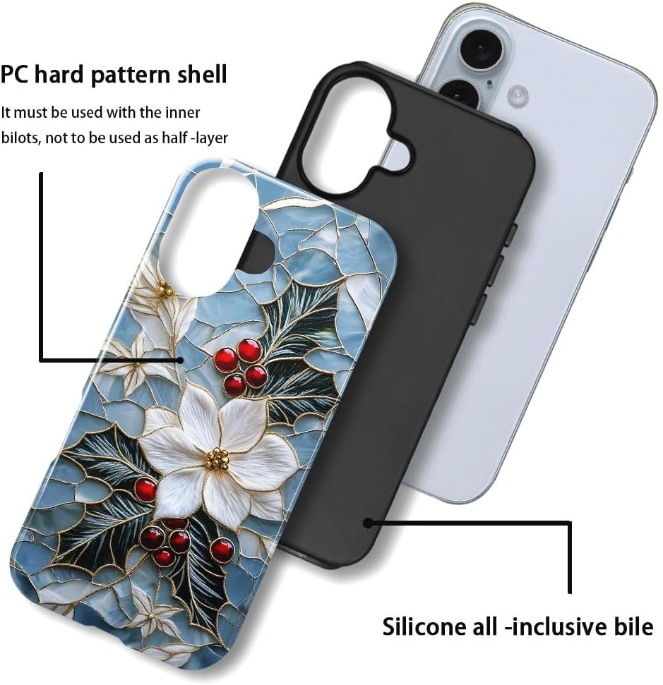 Case for iPhone 16 - Slim Fit Anti-Scratch Phone Case for Girl Women - Christmas Holly Elegant Winter Floral (Glossy)