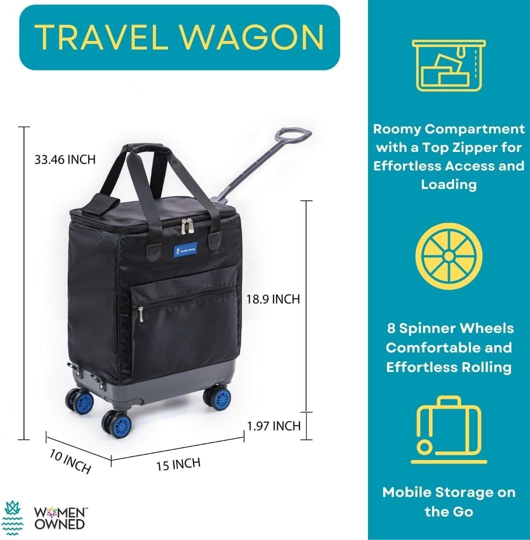 All-Purpose Roller Bag – Foldable Top-Opening Tote on Wheels with Zipper Closure, 8 Spinner Wheels, Lightweight – Travel, Groceries, Laundry, Work, Everyday Hauling - Patent - Blue