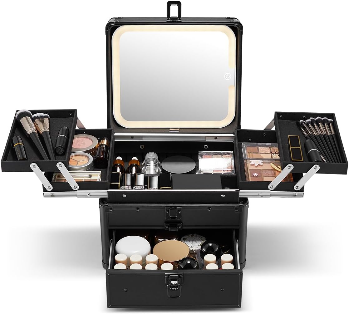 Qislee Makeup Box with Drawer and Four Trays, A Detachable Lighted Mirror, Waterproof Travel Train Case, Cosmetic Organizer and Makeup Suitcase with Magnetic LED Mirror(Black)