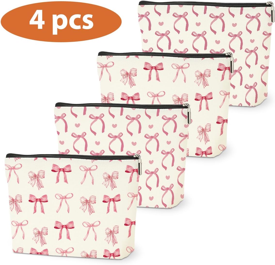4PCS Pink Bow Makeup Bag, Coquette Preppy Cosmetic Bags Bow Gifts for Women Girls Pink Trendy Toiletry Bag Best Birthday Christmas Gifts for Girls Women Sister Travel Bags