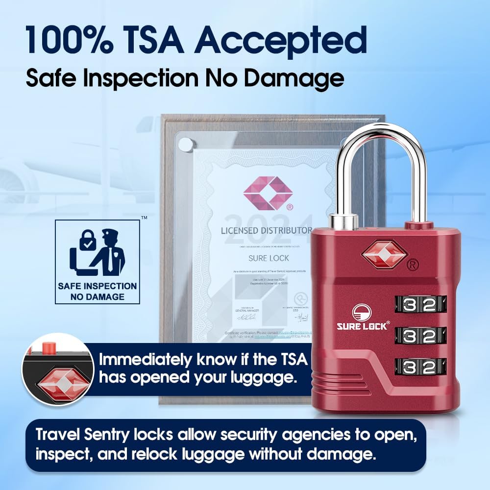 SURE LOCK TSA Locks for Luggage, TSA Approved Luggage Locks with Open Alert, TSA008 Key for High
