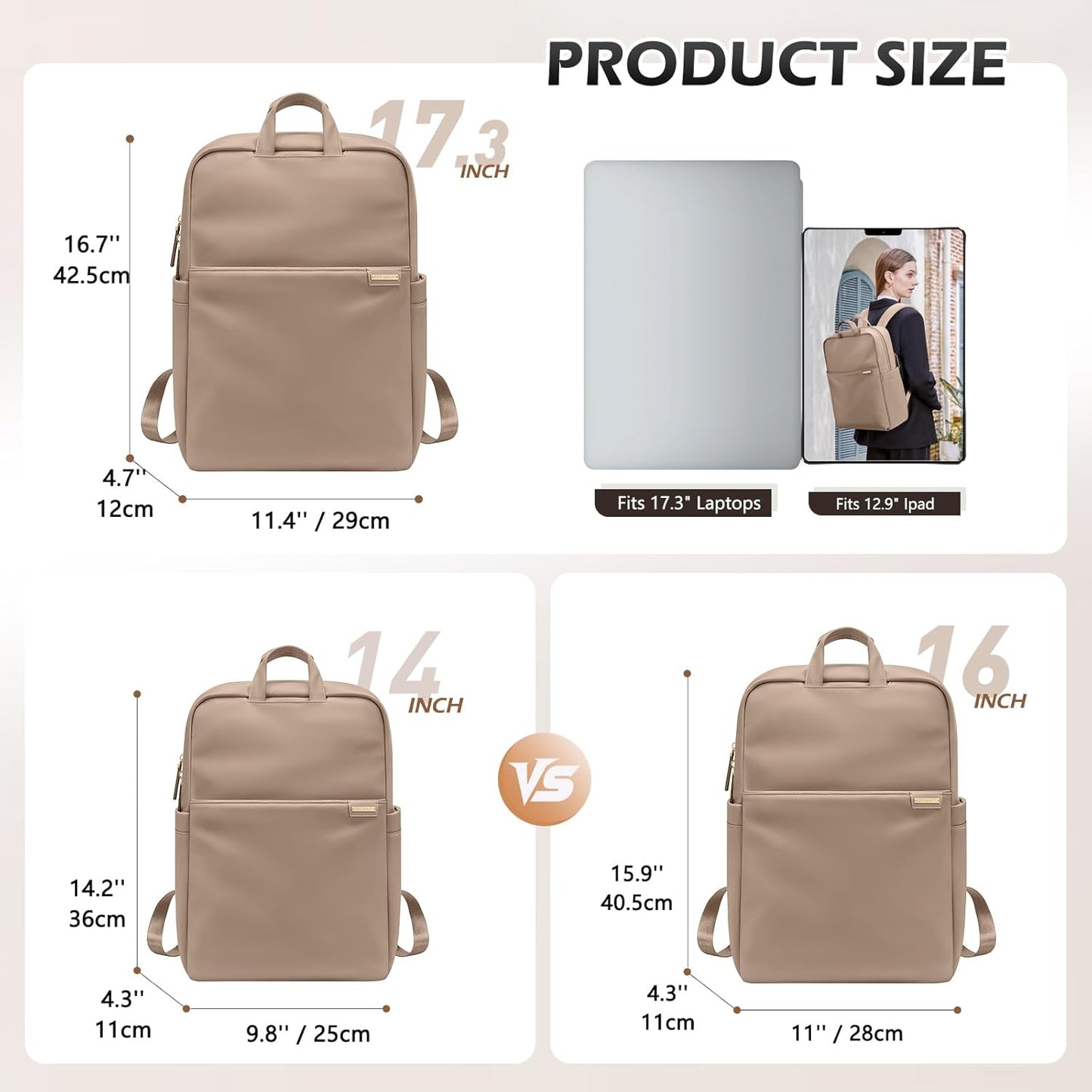 Slim Laptop Backpack for Women, Lightweight Business Backpack for Women Computer Bag Purse for Commuting, Fit 17.3 Inch, Champagne Brown