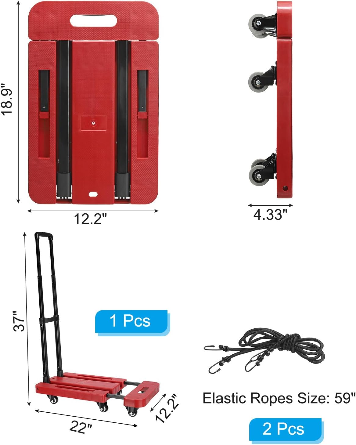 PATIKIL Folding Hand Truck, 440lb Heavy Luggage Cart Portable Duty Dolly for Moving PU Wheels & 2 Elastic Ropes Travel Shopping House Office Use, Green