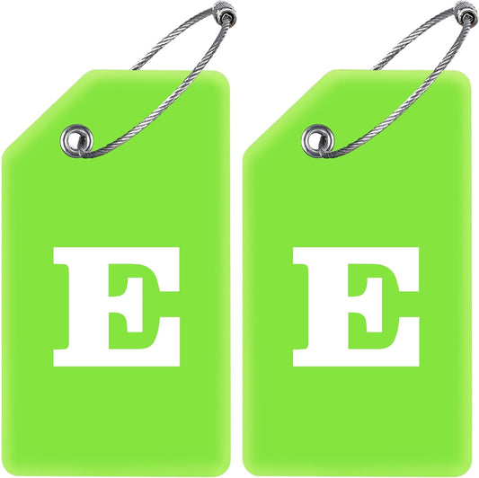 Gostwo 2 Pack Silicone Luggage Tags for Suitcases, 26 Initial Letter Baggage Labels Handbag School Bag Suitcase Instrument Tag with Stainless Steel Loop(Green)(Letter E)