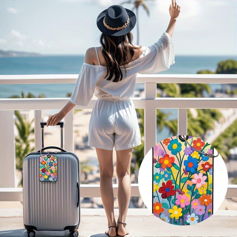 2 Pack Wildflowers Leather Luggage Tags for Suitcases, Travel Bag Tags with Privacy Cover ID Label with Stainless Steel Loop for Women Men Girls Backpack Gift (Red Blue)
