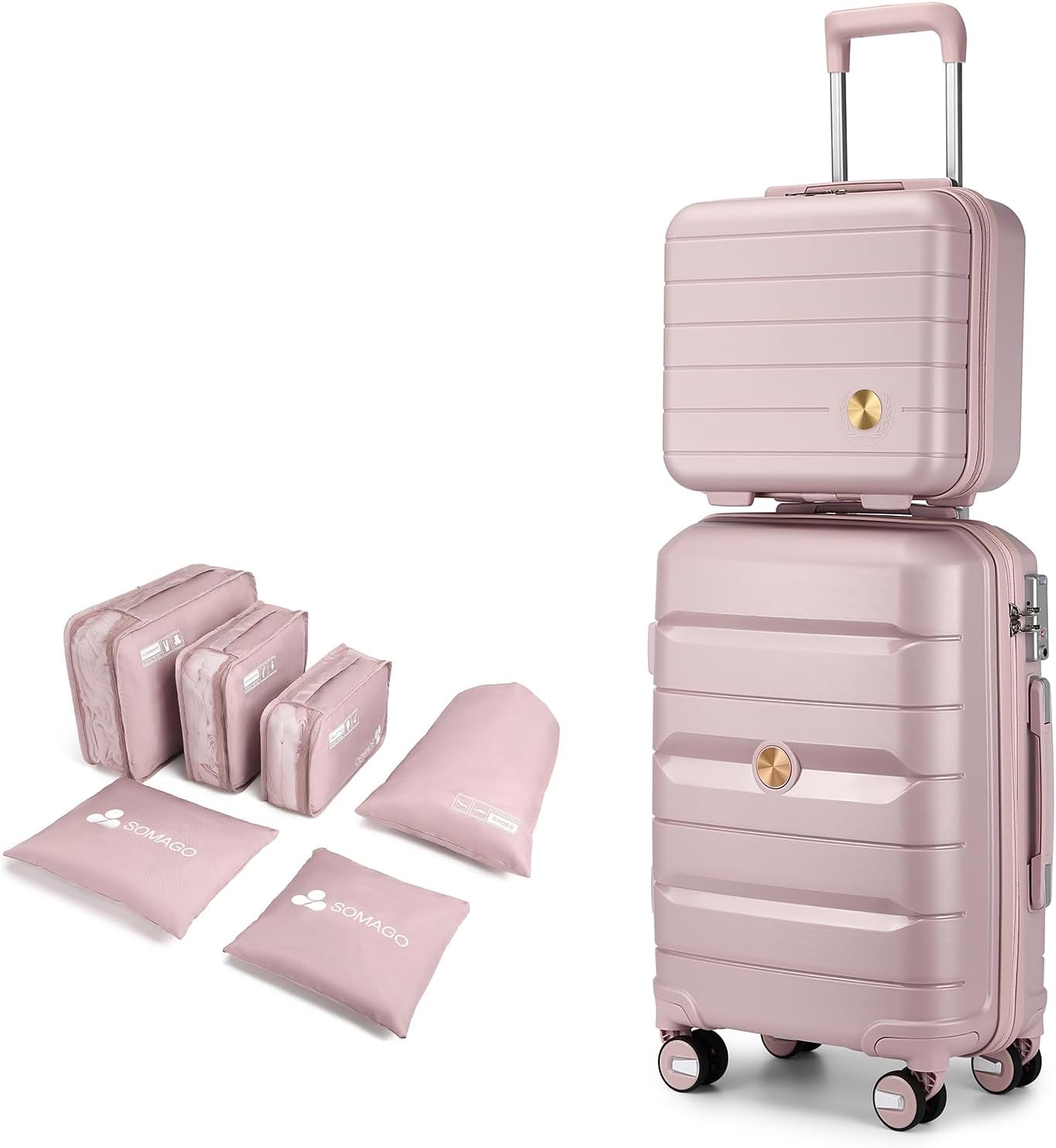 Somago 20 Inch Carry On Luggage Sets Hardside Suitcase with Double Spinner Wheels and TSA Lock YKK Zipper (Nude Pink,14/20)