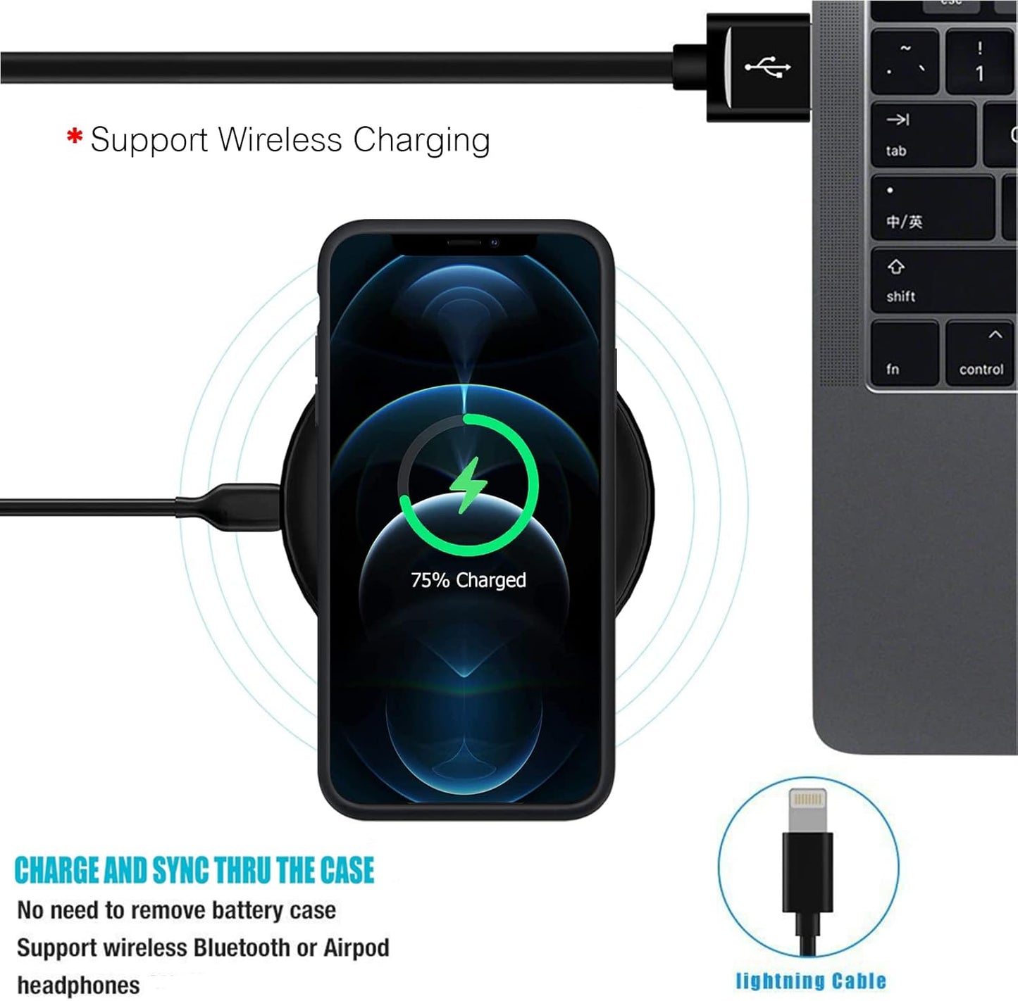 Battery Case for iPhone 12/12 Pro, 10000mAh High Capacity Rechargeable Portable Charger Case Extended Battery Pack Compatible with iPhone 12/12 Pro (6.1 inch) Wireless Charging Case with Carplay-Black
