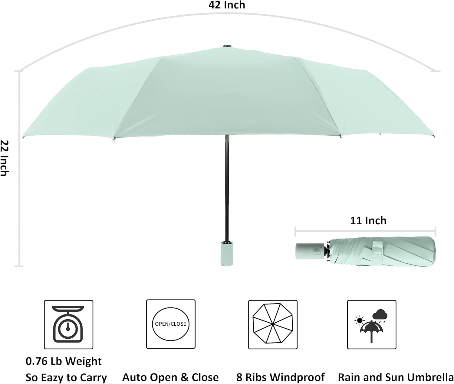 BAODINI Small UV Protection Travel Umbrella Compact for Rain and Sun UPF 50+ Windproof Portable 42