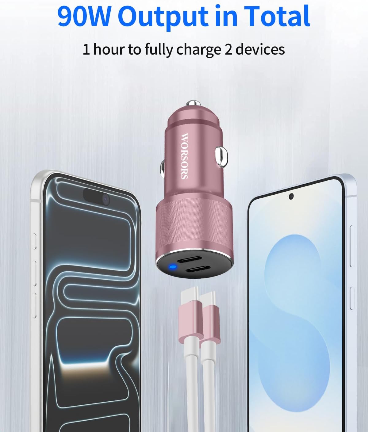 Dual 45W USB C Car Charger, 90W Max Super Fast Charging, All Metal 12V Cigarette Lighter Adapter for iPhone 17 Pro Max/16/15/iPad, Samsung Galaxy S25/S24, Google Phones with 2 Type C Cable 3.3ft Pink