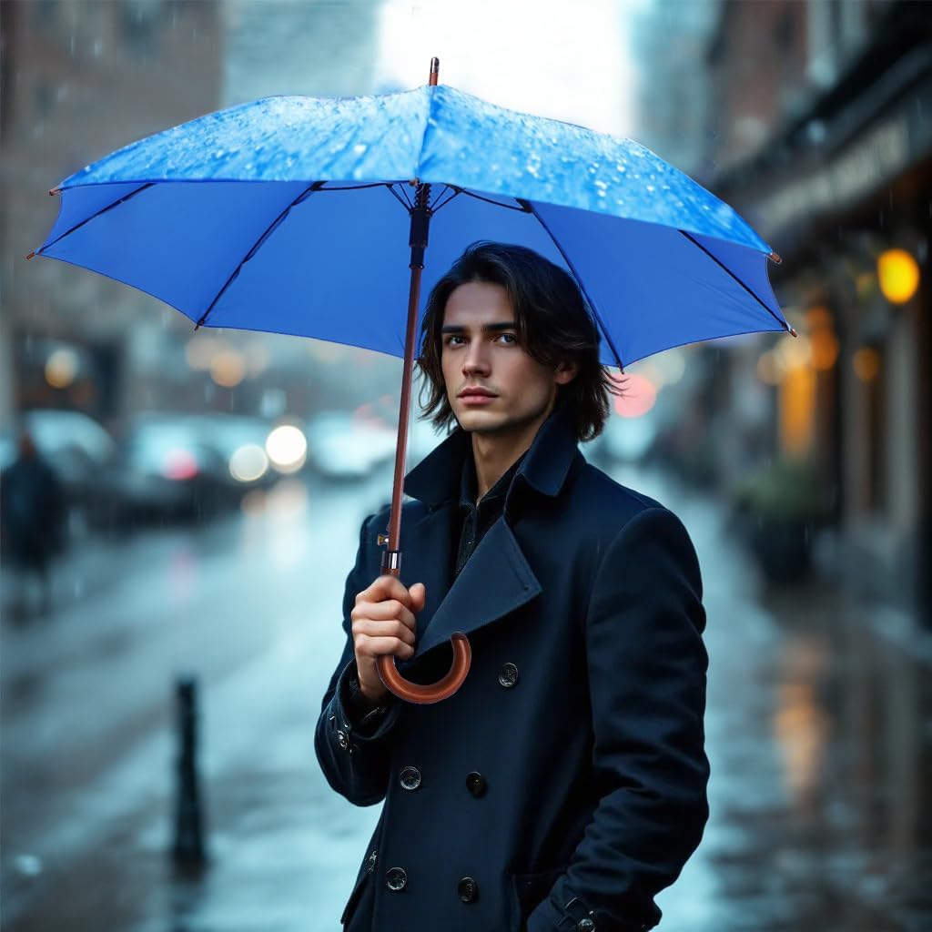 SoulRain 48" Large Umbrella –Windproof Stick Umbrellas for Rain, Automatic Open, Vintage Cane Royal Blue Umbrella with Classic Wooden Handle & Shaft, for Women & Men(Royal Blue)