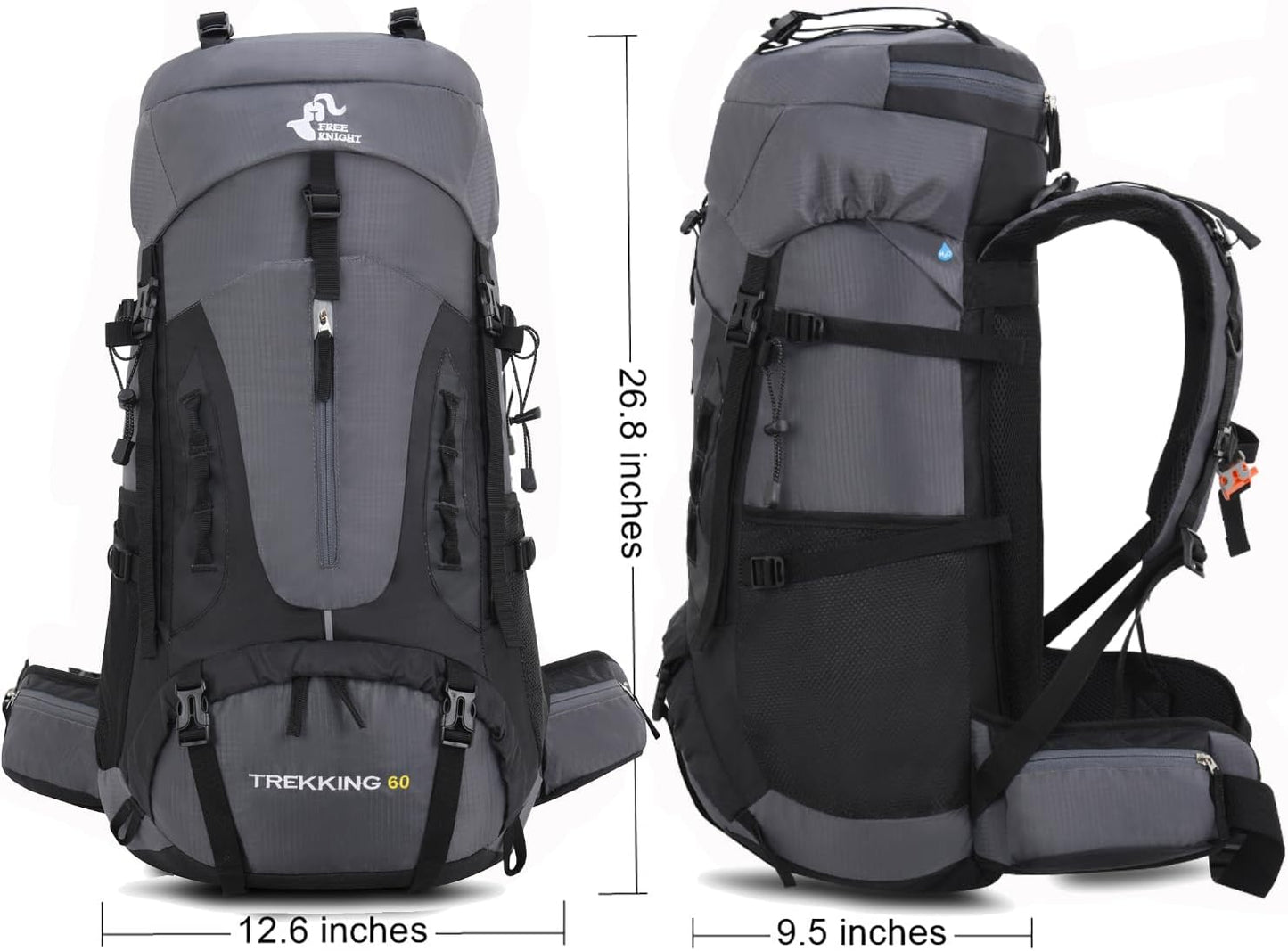 Bseash 60L Hiking Camping Backpack with Rain Cover, Waterproof Large Capacity Outdoor Sport Travel Daypack Climbing Touring (Gray)