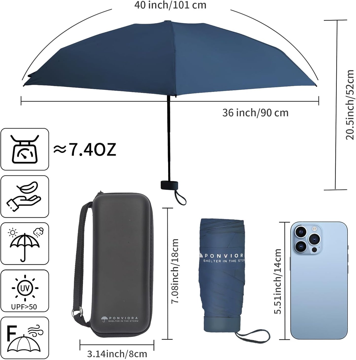 Compact Mini Windproof Travel Umbrella-UPF 50+ Sun & Rain Protection, Small Folding Design Fits in Pocket or Purse, Lightweight Portable with Case for Women, Men & Kids