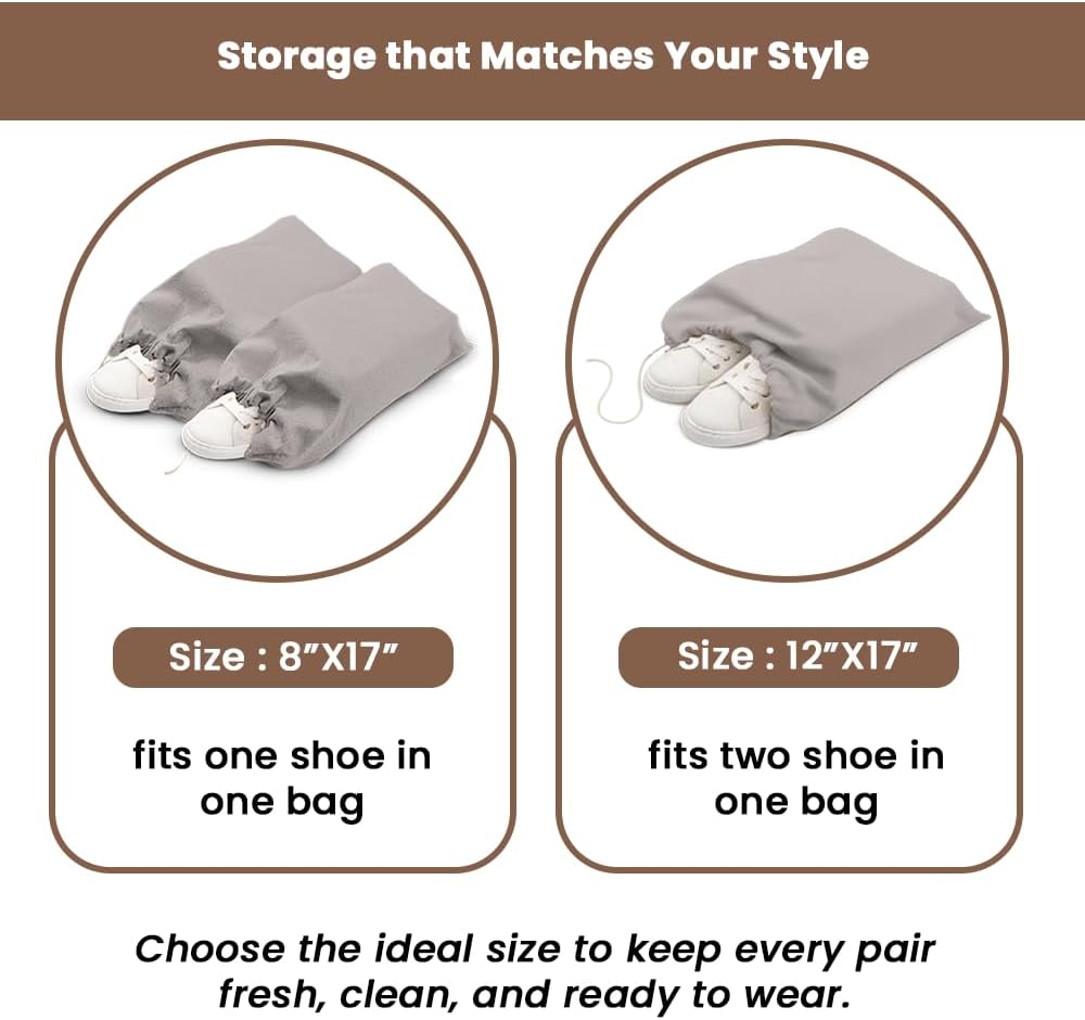 LFH Cotton Rich Shoe Storage Bags with Drawstring, Dustproof Breathable Reusable Organizer, Perfect For Travel, Dorm, Hotel, College, Gym, Easy to Carry, Machine Washable 8"x17" (Pack of 2) - Grey
