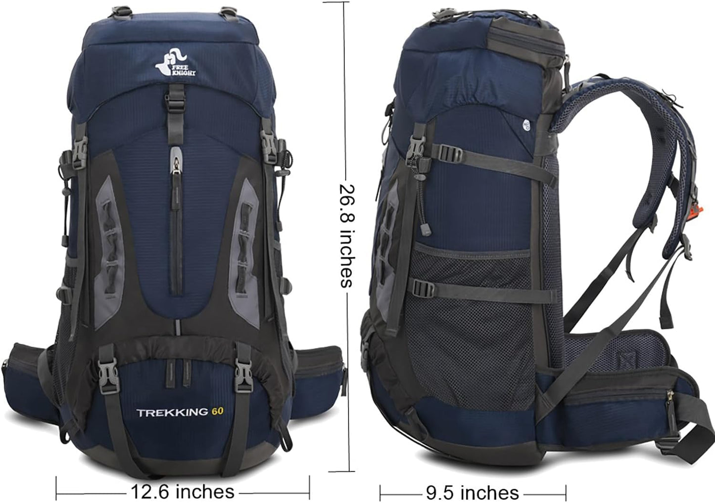 Bseash 60L Hiking Camping Backpack with Rain Cover, Waterproof Large Capacity Outdoor Sport Travel Daypack Climbing Touring (Navy Blue)