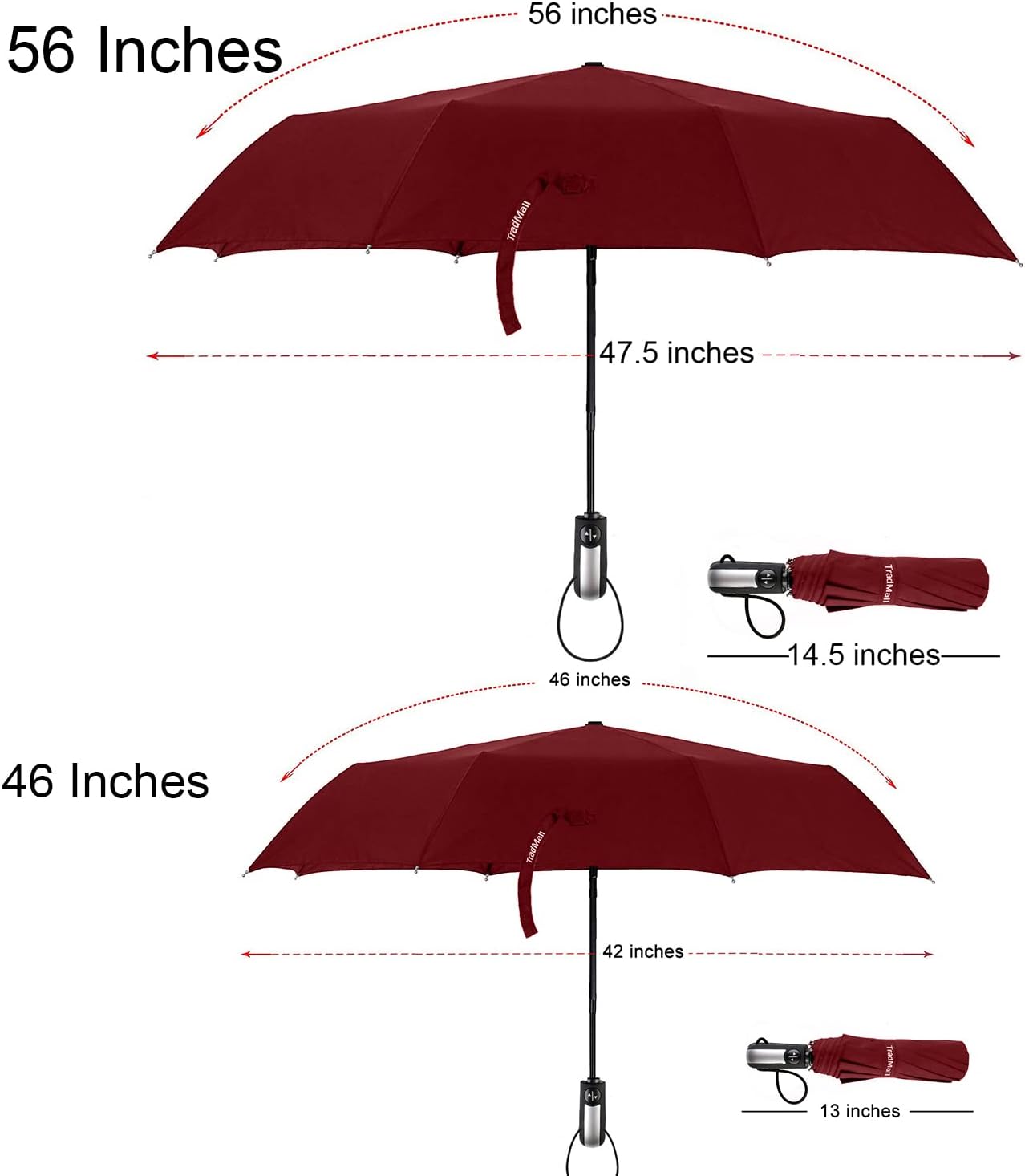 TradMall 2 Pack Travel Umbrella Windproof 46/56 Inches Large Canopy Reinforced Fiberglass Ribs Auto Open & Close