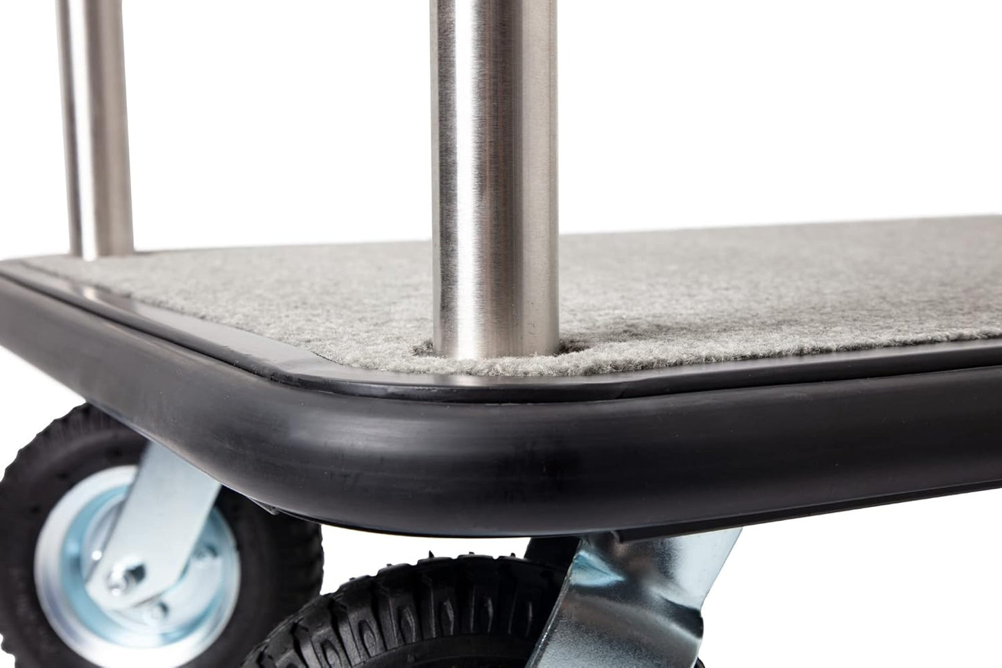 Stainless Steel Luggage Cart – Hotel Bellman Heavy Duty 1.5" Welded Steel Frame Valet Cart w/Grey Carpeted Deck & Rubber Wheels – Wheels for Travel & Outdoor Use - 1200 lb