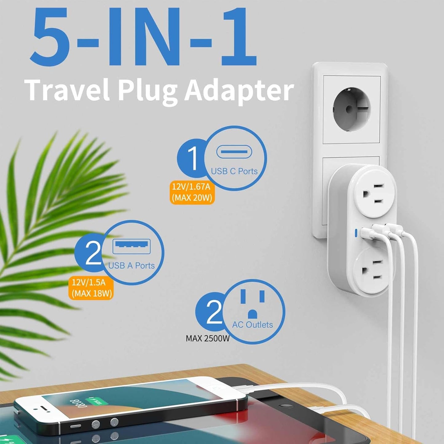 2 Pack European Travel Plug Adapter, CHUAFIUR US to Europe Plug Adapter with 2 Outlets 3 USB Charging Ports, PD 20W Fast Charger with Type C Travel Essentials to Most EU Spain Italy France Germany