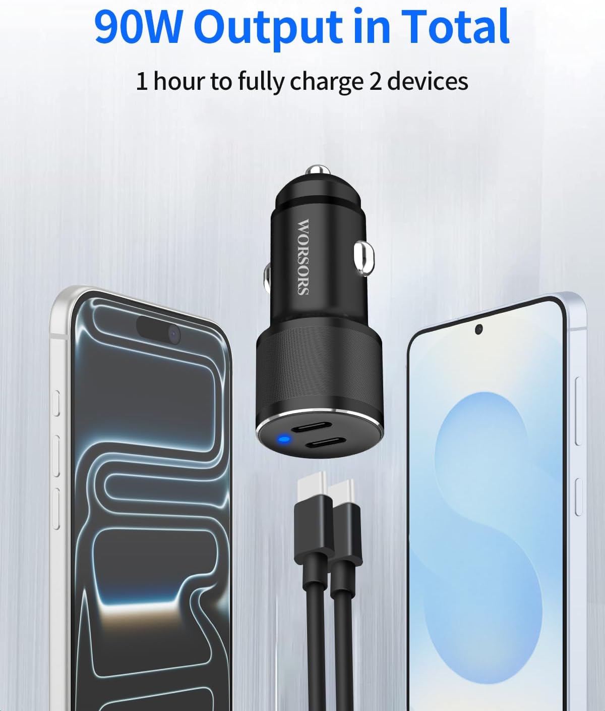 Dual 45W USB C Car Charger, 90W Max Super Fast Charging, All Metal 12V Cigarette Lighter Adapter for iPhone 17 Pro Max/16/15/iPad, Samsung Galaxy S25/S24, Google Phones with 2 Type C Cable 3.3ft Black