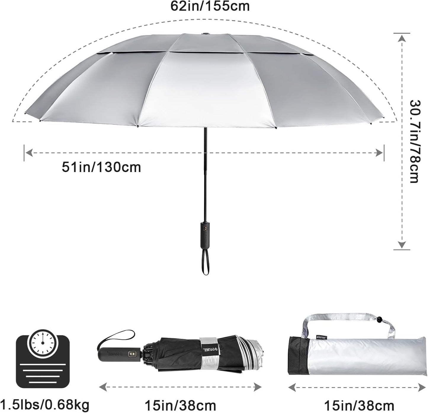G4Free 42/46/54/62 Inch Large Golf Umbrella Compact Reverse Travel Umbrella 10 Ribs Windproof for Rain Double Canopy Automatic Open Close