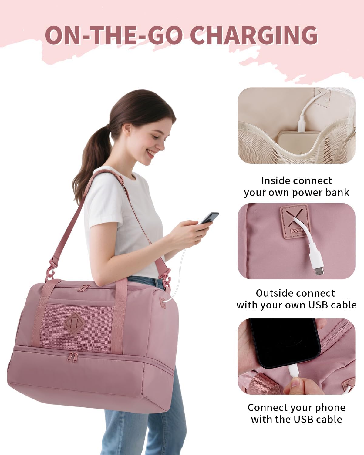 WANDF Travel Duffel Bag with Wet Pocket & Shoe Compartment, 18x14x8 Personal Item Bag with USB Charging Port, Water-Resistant Gym Weekender Overnight Carry-on for Women Men (Pink)