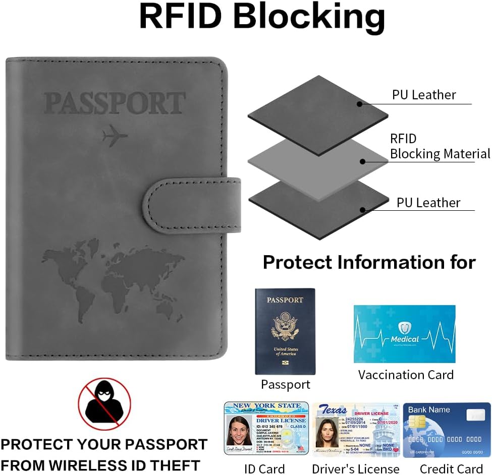 Passport Holder for Travel, Passport Cover Wallet, Premium PU Leather Passport Book Card Holder Case for Women Men, Waterproof RFID Blocking Flying Travelling Essentials Vacation Must Haves, Grey