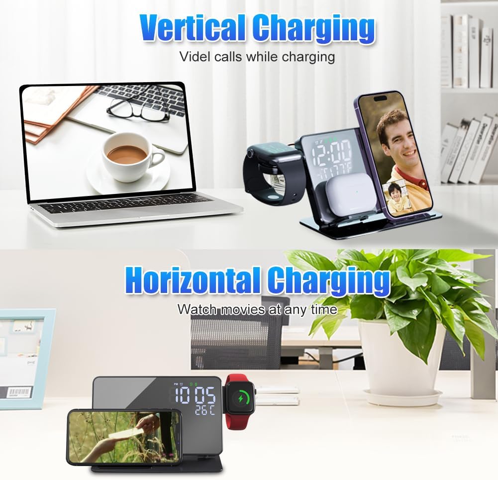4-in-1 Wireless Charging Station for Apple Devices, 18W Fast Charge Wireless Charger Alarm Clock and Temperature Display, Wireless Charger Stand for iPhone 16 15 14 13 12, Apple Watch