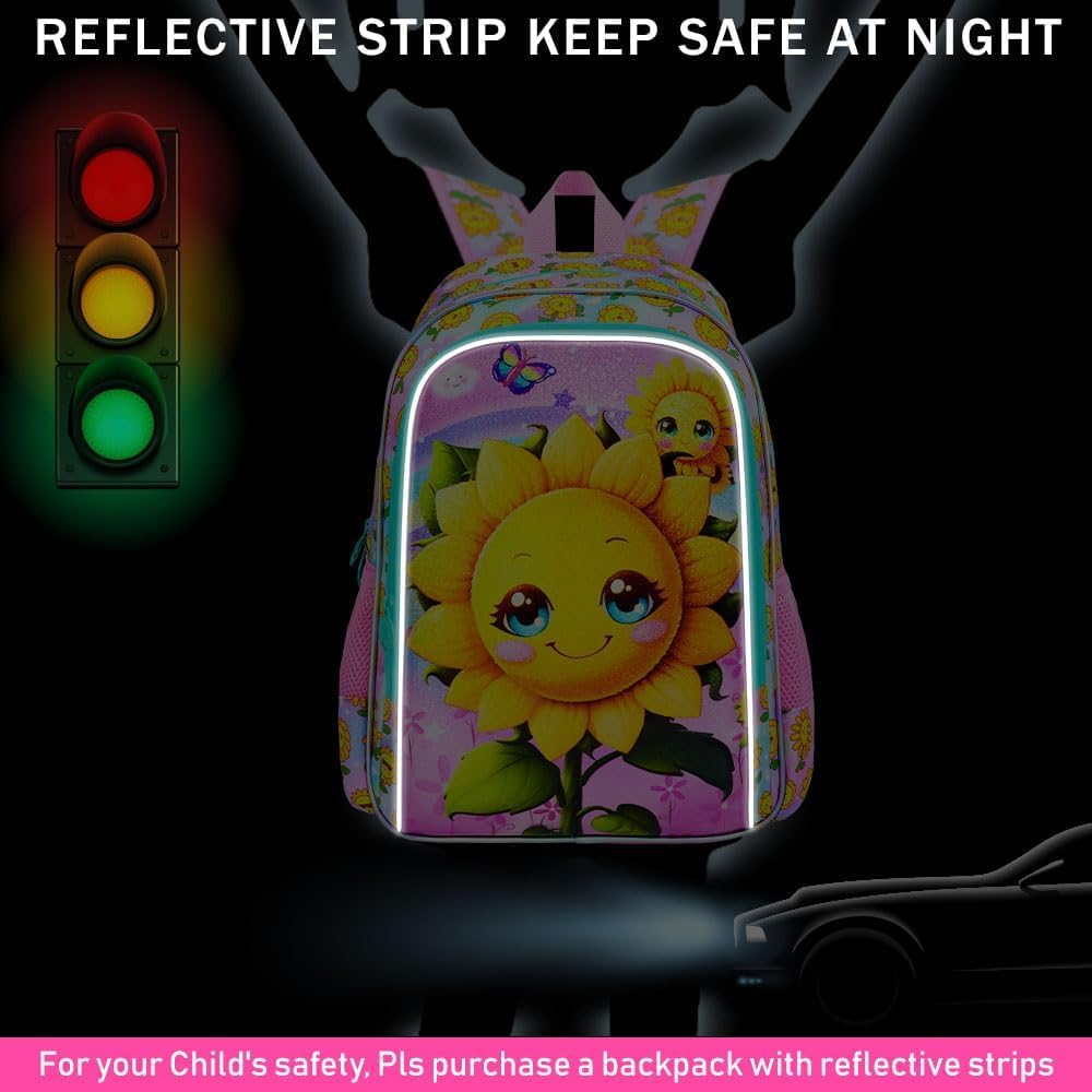 KLFVB 3PCS Smiling Sunflower Bookbag for Girls, Water Resistant Kids Backpack with Lunch Box, 16" Preschool Backpacks for Elementary - Smiling Sunflower Pink
