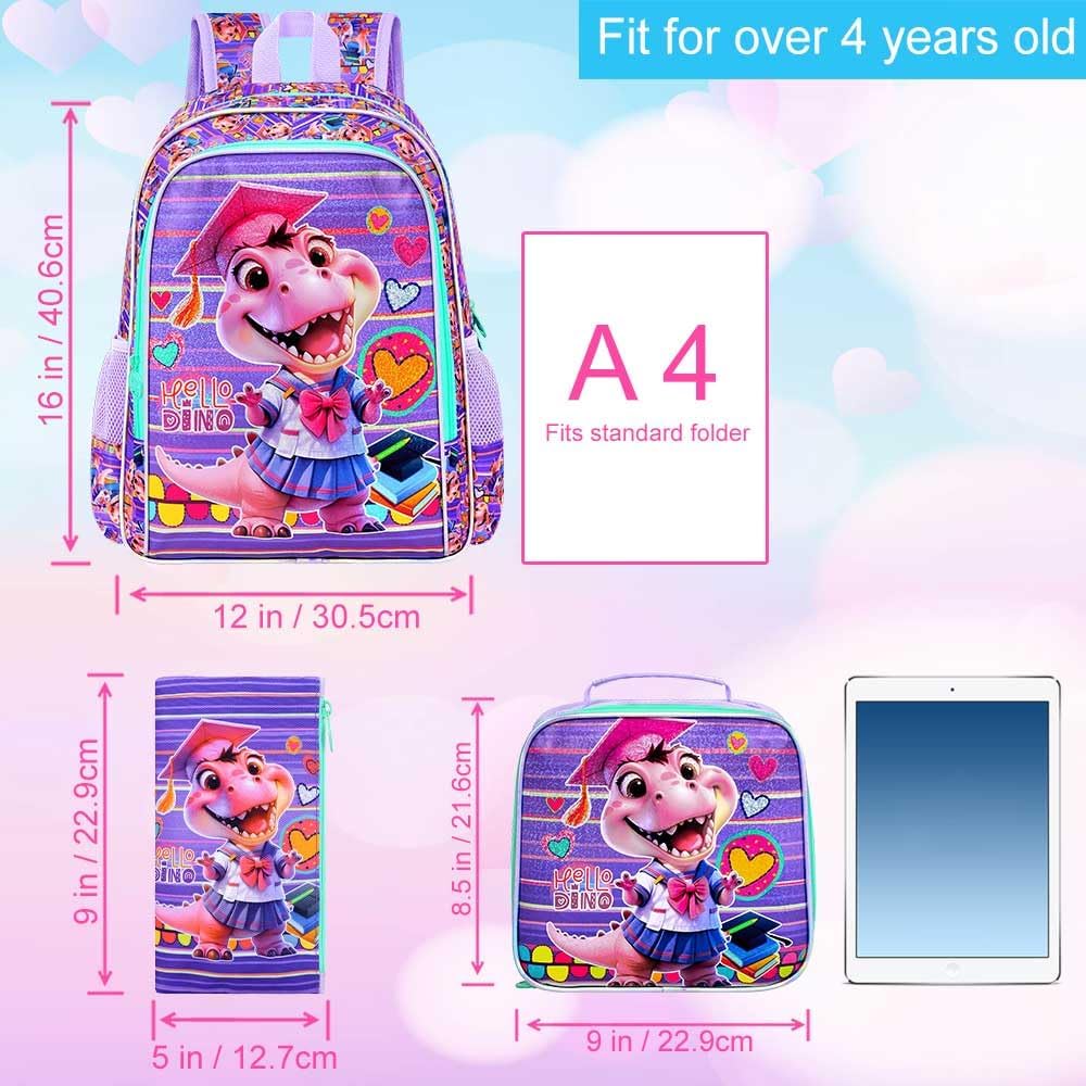 3PCS Girls Dinosaur Backpack, 16" Kids Bookbag with Lunch Box, Water Resistant Elementary Prechool